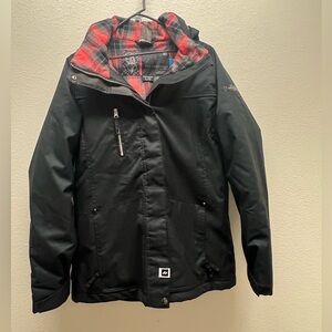 Black Ride Snowboards Winter Snowboarding Jacket With A Peach Plaid Interior